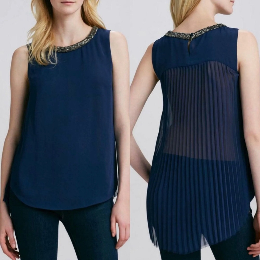 Anthropologie Rebecca Taylor Blue Silk Beaded Sleeveless Pleated Sheer‎ Top 2